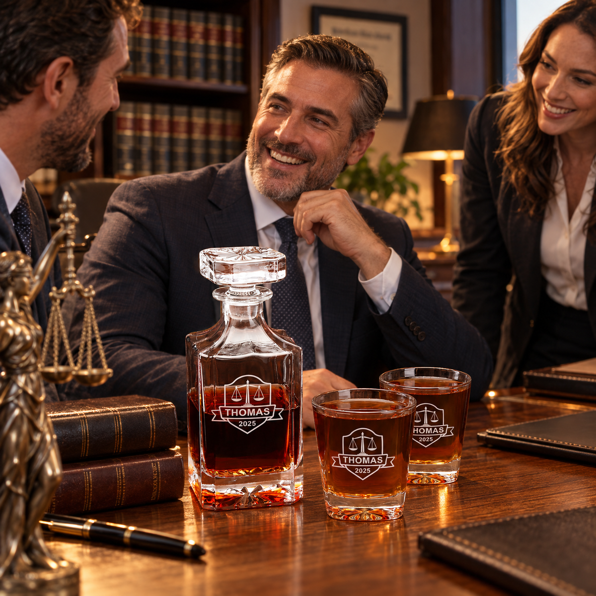 Legal Company Gifts – Square Decanter Set with 2 Glasses, 9 Whiskey Stones & Wooden Box – image 13
