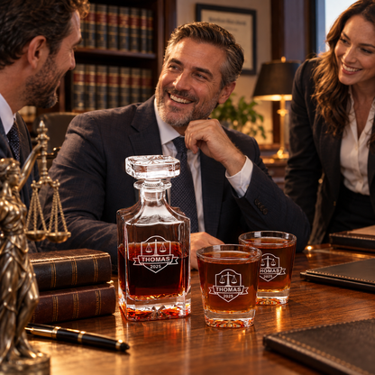 Legal Company Gifts – Square Decanter Set with 2 Glasses, 9 Whiskey Stones & Wooden Box – image 13