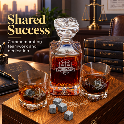 Legal Company Gifts – Square Decanter Set with 2 Glasses, 9 Whiskey Stones & Wooden Box – image 16