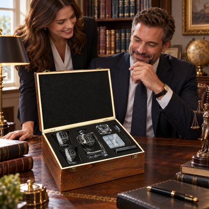 Legal Company Gifts – Square Decanter Set with 2 Glasses, 9 Whiskey Stones & Wooden Box – image 17