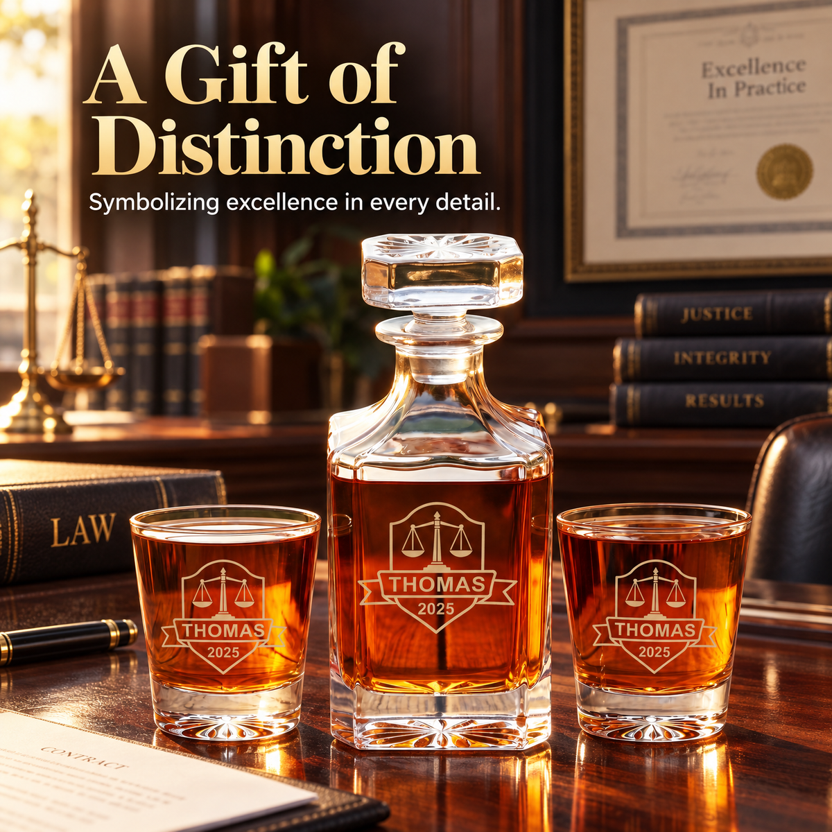 Legal Company Gifts – Square Decanter Set with 2 Glasses, 9 Whiskey Stones & Wooden Box product image