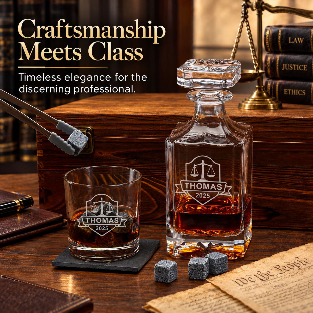 Legal Company Gifts – Square Decanter Set with 2 Glasses, 9 Whiskey Stones & Wooden Box – image 20