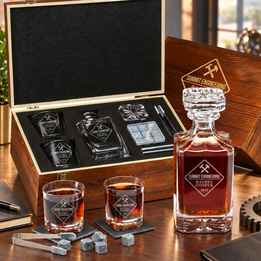 Manufacturing Company Gifts – Square Decanter Set with 2 Glasses, 9 Whiskey Stones & Wooden Box – image 01