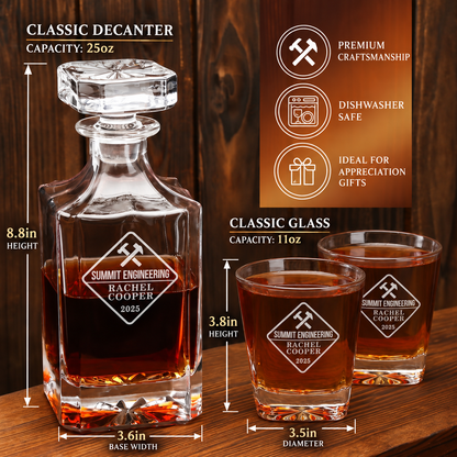 Manufacturing Company Gifts – Square Decanter Set with 2 Glasses, 9 Whiskey Stones & Wooden Box – image 02