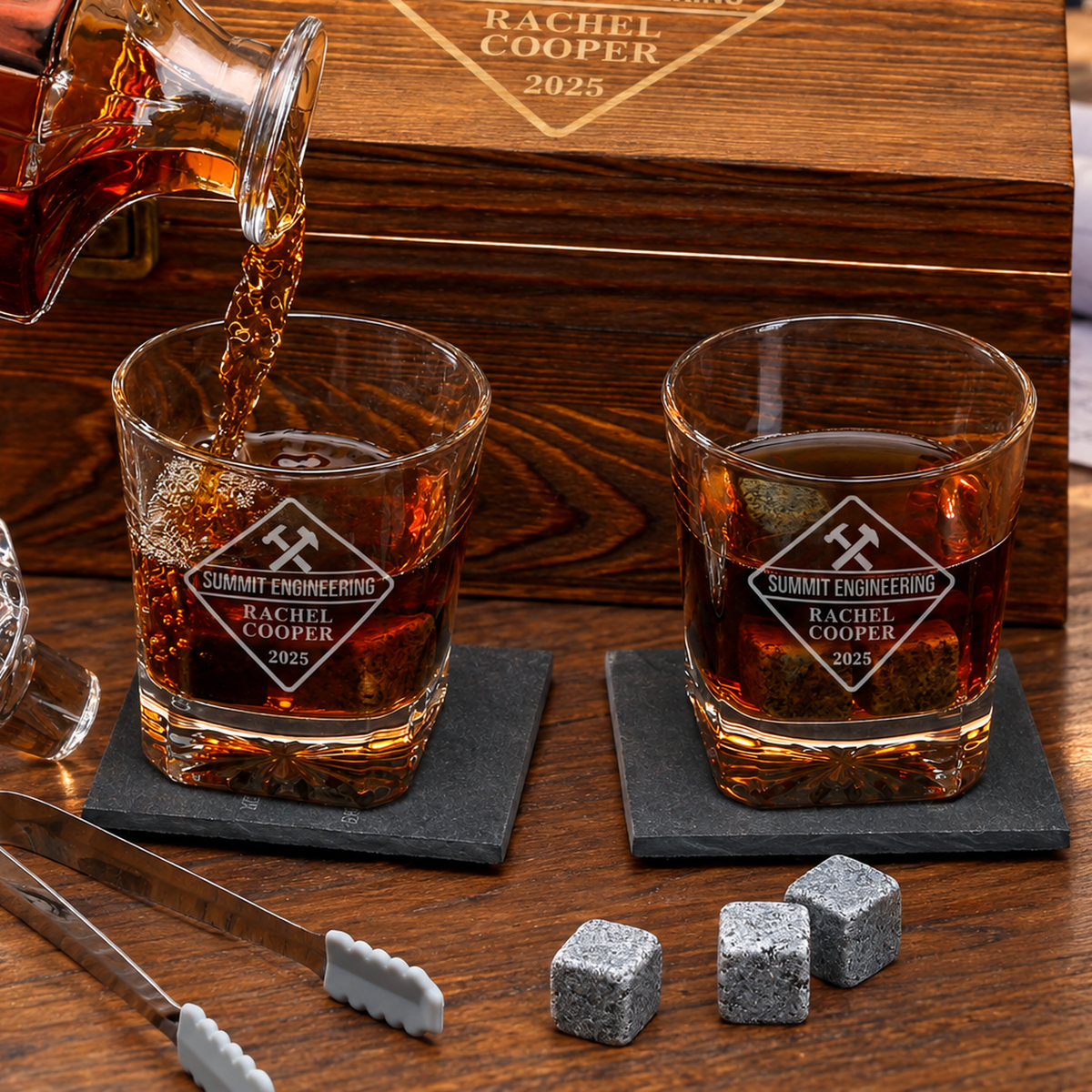 Manufacturing Company Gifts – Square Decanter Set with 2 Glasses, 9 Whiskey Stones & Wooden Box – image 04