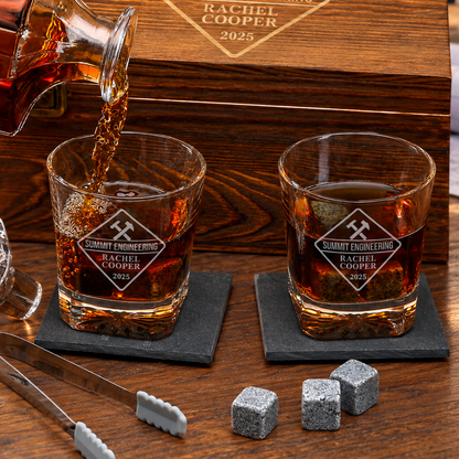 Manufacturing Company Gifts – Square Decanter Set with 2 Glasses, 9 Whiskey Stones & Wooden Box – image 04