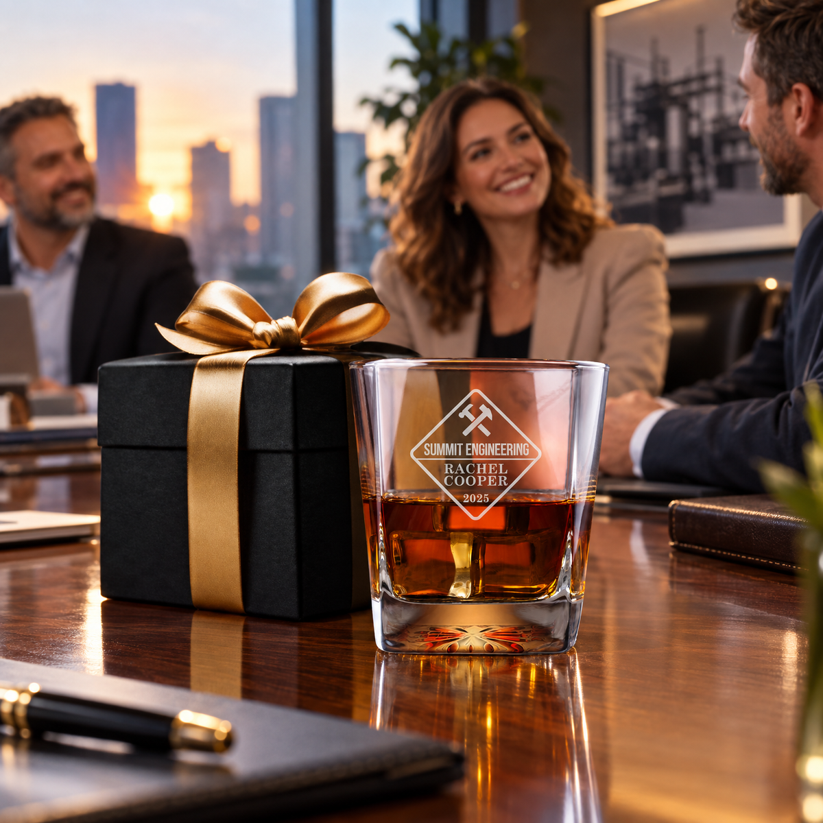 Manufacturing Company Gifts – Square Decanter Set with 2 Glasses, 9 Whiskey Stones & Wooden Box product image