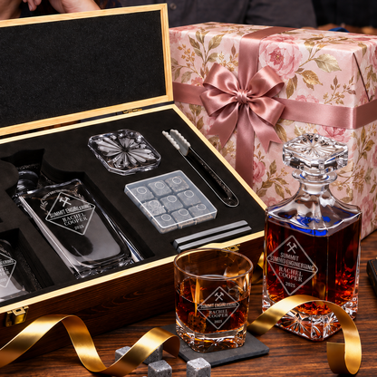 Manufacturing Company Gifts – Square Decanter Set with 2 Glasses, 9 Whiskey Stones & Wooden Box – image 07
