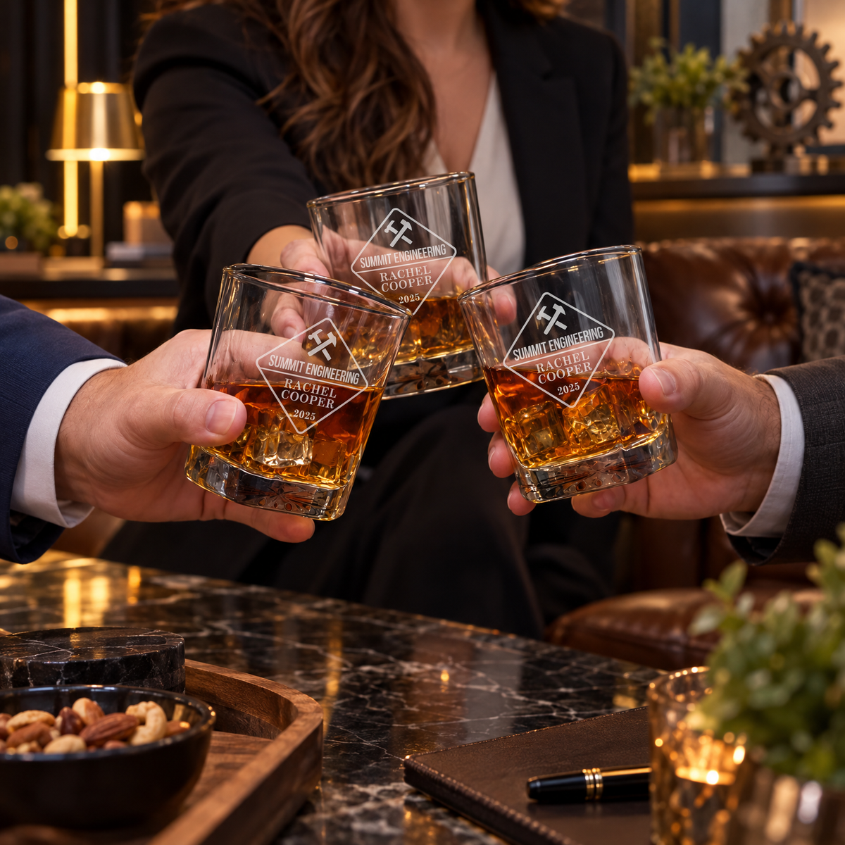 Manufacturing Company Gifts – Square Decanter Set with 2 Glasses, 9 Whiskey Stones & Wooden Box – image 08