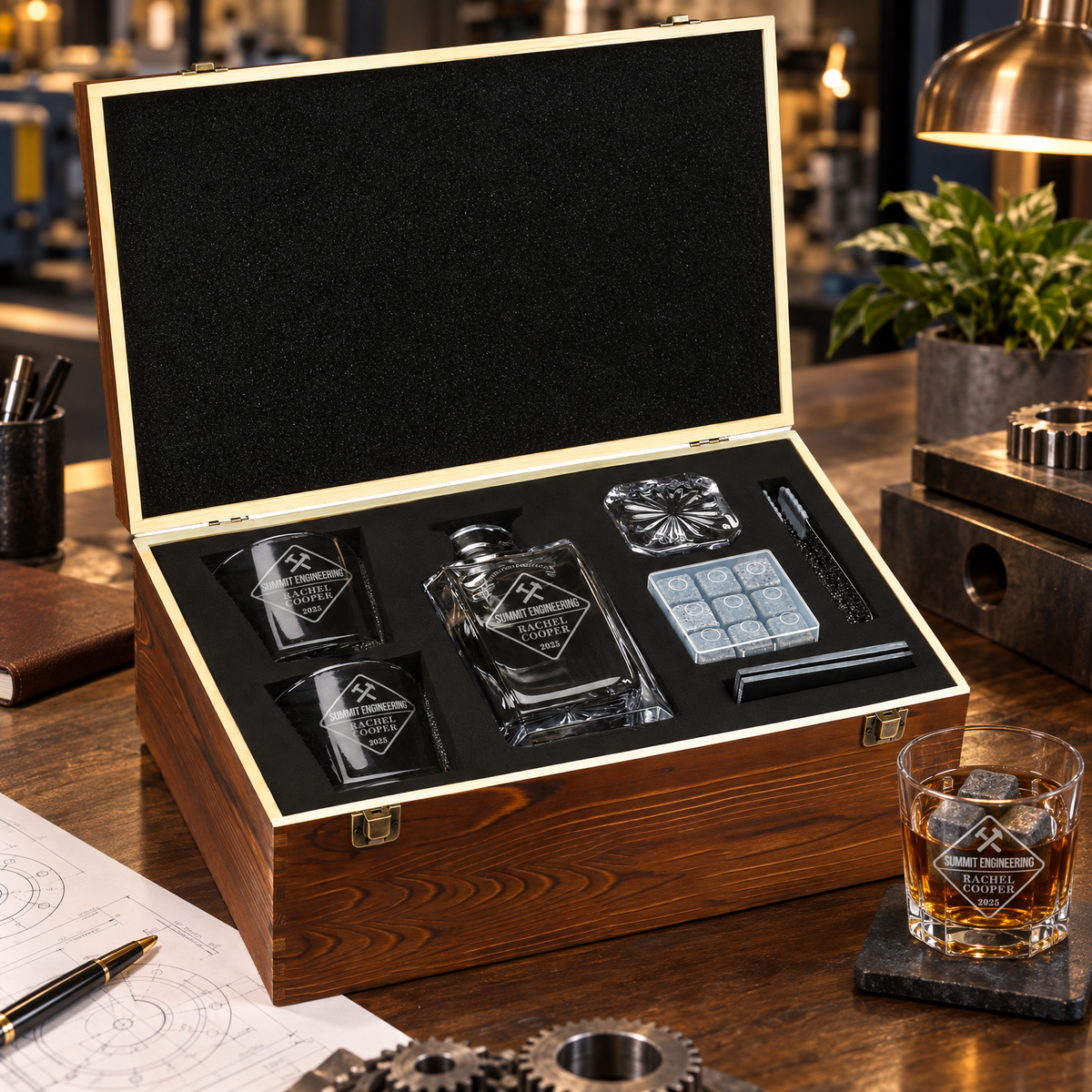 Manufacturing Company Gifts – Square Decanter Set with 2 Glasses, 9 Whiskey Stones & Wooden Box – image 10