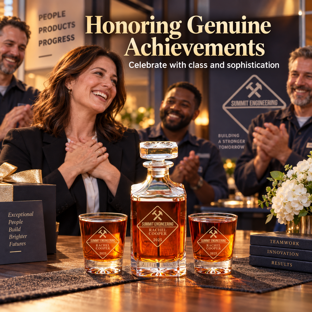 Manufacturing Company Gifts – Square Decanter Set with 2 Glasses, 9 Whiskey Stones & Wooden Box – image 11