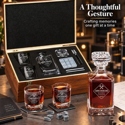 Manufacturing Company Gifts – Square Decanter Set with 2 Glasses, 9 Whiskey Stones & Wooden Box – image 12
