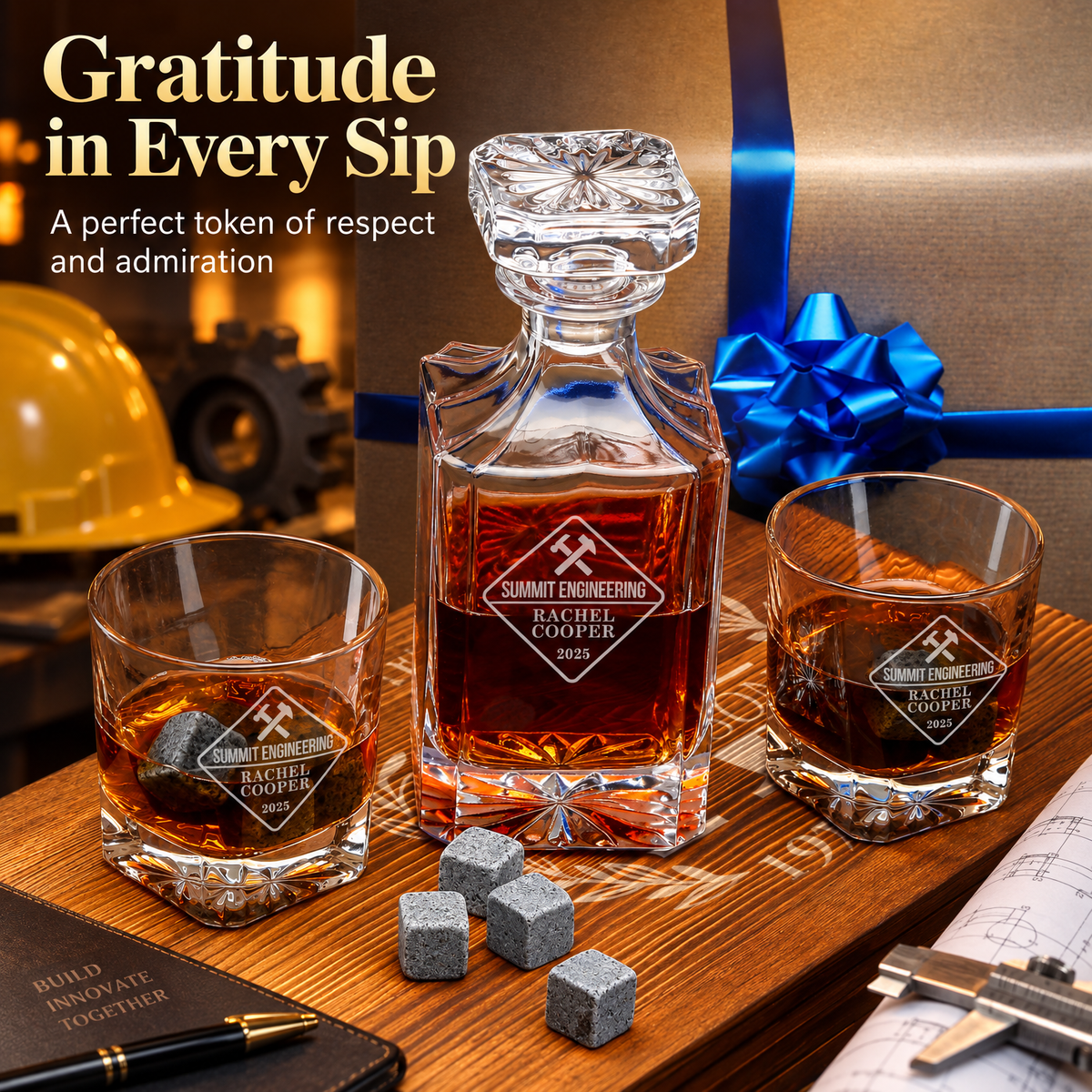 Manufacturing Company Gifts – Square Decanter Set with 2 Glasses, 9 Whiskey Stones & Wooden Box – image 16