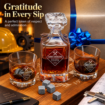 Manufacturing Company Gifts – Square Decanter Set with 2 Glasses, 9 Whiskey Stones & Wooden Box – image 16