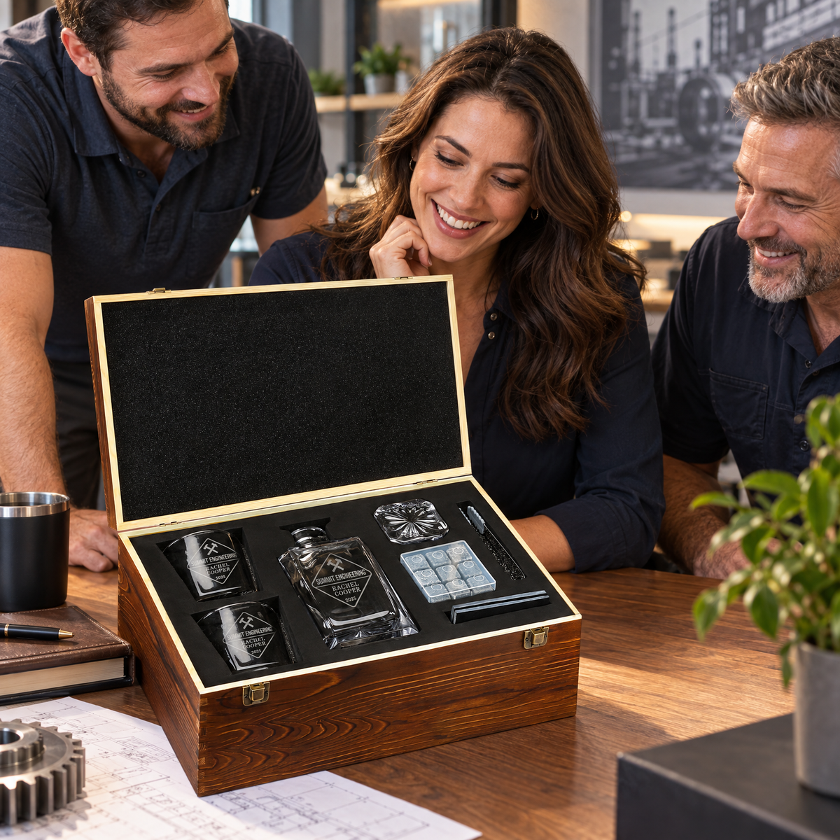 Manufacturing Company Gifts – Square Decanter Set with 2 Glasses, 9 Whiskey Stones & Wooden Box – image 17