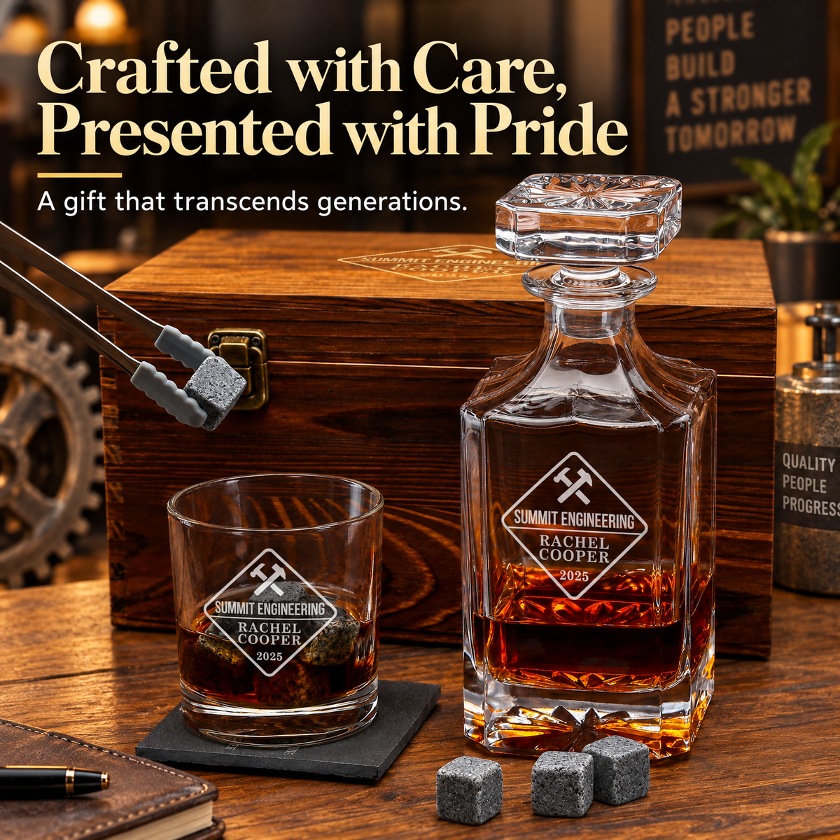 Manufacturing Company Gifts – Square Decanter Set with 2 Glasses, 9 Whiskey Stones & Wooden Box – image 20