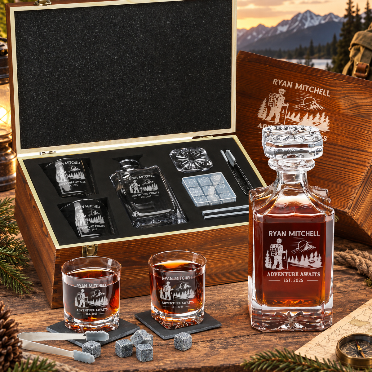 Gift for Outdoorsmen – Square Decanter Set with 2 Glasses, 9 Whiskey Stones & Wooden Box – image 01