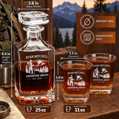 Gift for Outdoorsmen – Square Decanter Set with 2 Glasses, 9 Whiskey Stones & Wooden Box – image 02