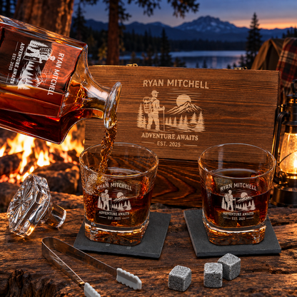 Gift for Outdoorsmen – Square Decanter Set with 2 Glasses, 9 Whiskey Stones & Wooden Box – image 04