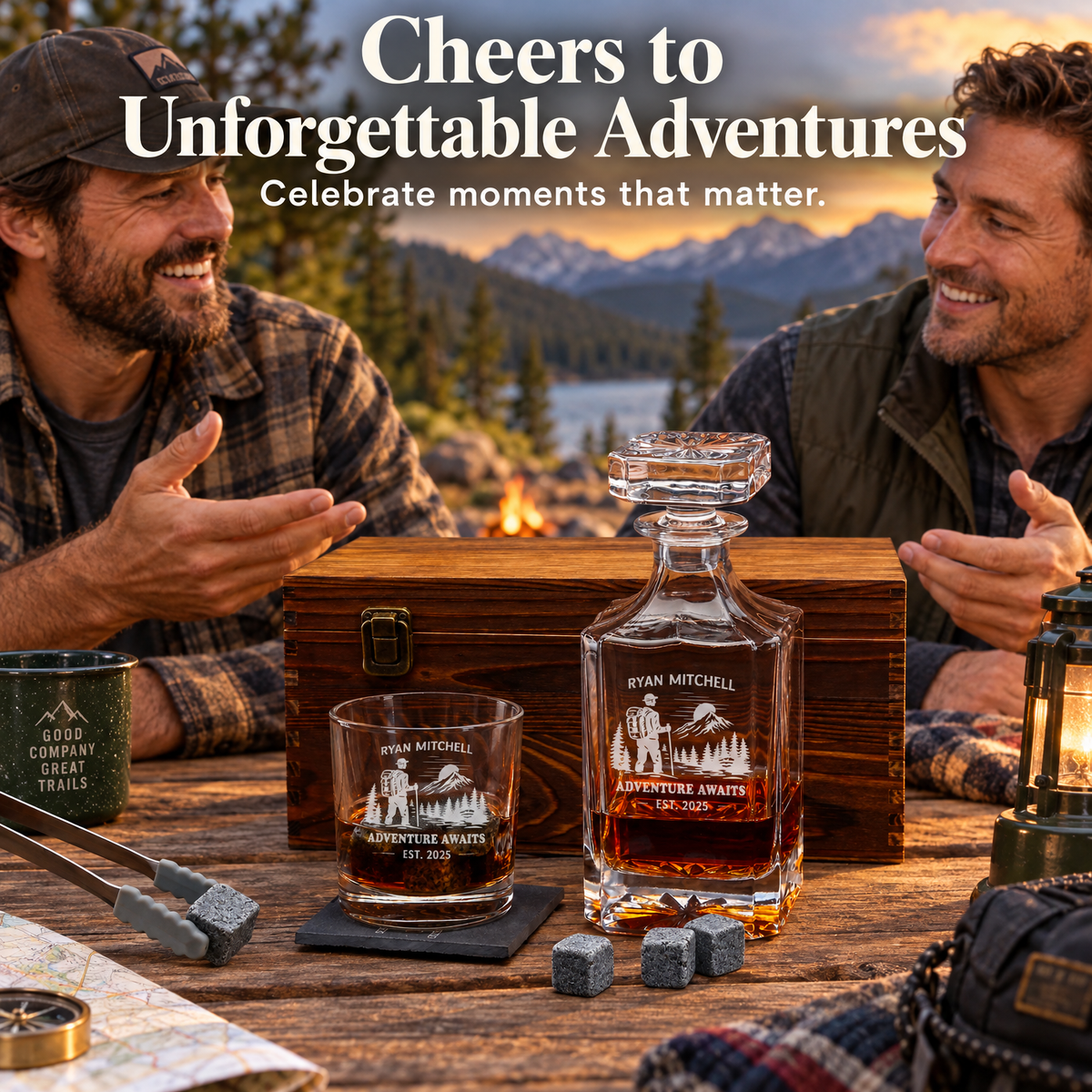 Gift for Outdoorsmen – Square Decanter Set with 2 Glasses, 9 Whiskey Stones & Wooden Box product image