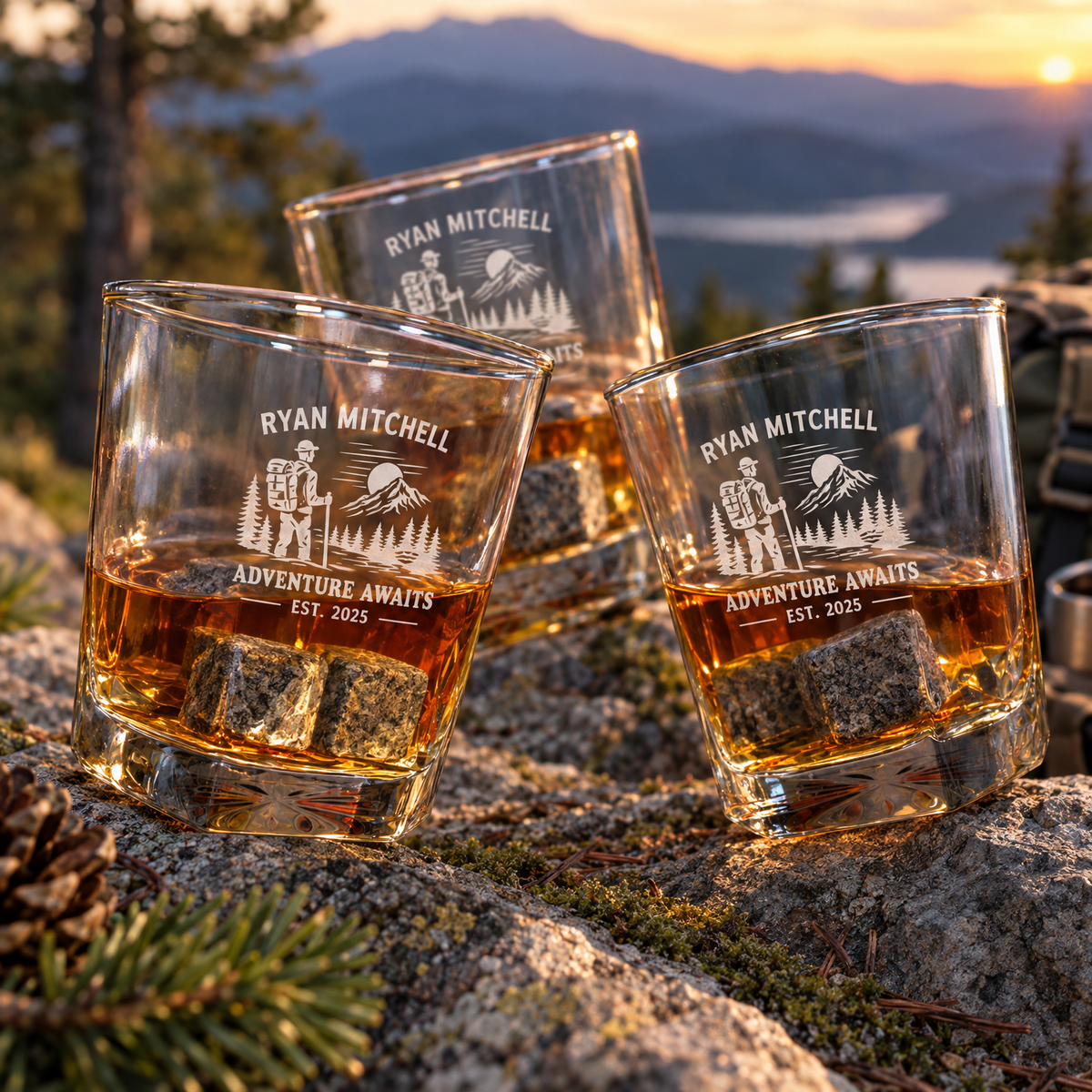 Gift for Outdoorsmen – Square Decanter Set with 2 Glasses, 9 Whiskey Stones & Wooden Box – image 08