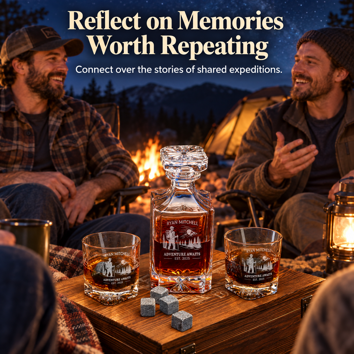 Gift for Outdoorsmen – Square Decanter Set with 2 Glasses, 9 Whiskey Stones & Wooden Box product image