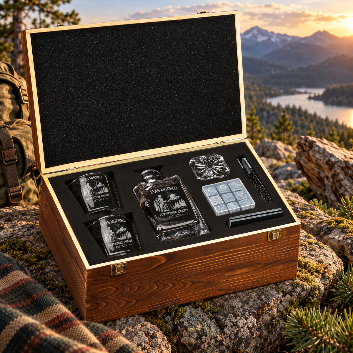 Gift for Outdoorsmen – Square Decanter Set with 2 Glasses, 9 Whiskey Stones & Wooden Box product image
