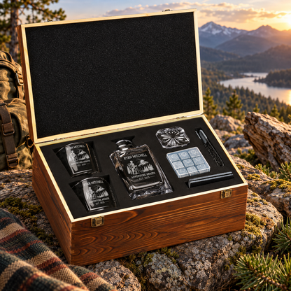 Gift for Outdoorsmen – Square Decanter Set with 2 Glasses, 9 Whiskey Stones & Wooden Box – image 10