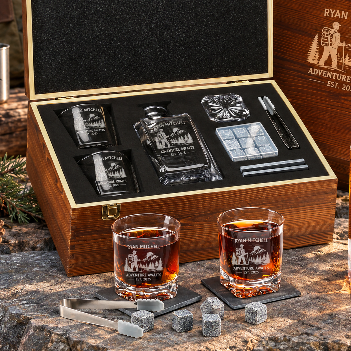 Gift for Outdoorsmen – Square Decanter Set with 2 Glasses, 9 Whiskey Stones & Wooden Box product image