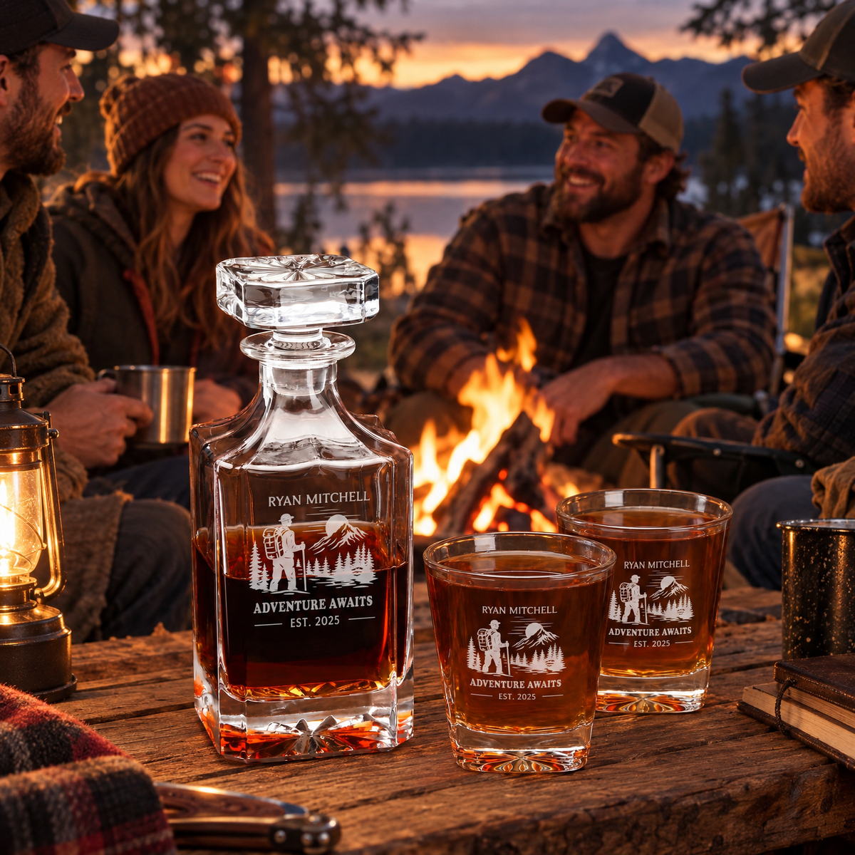 Gift for Outdoorsmen – Square Decanter Set with 2 Glasses, 9 Whiskey Stones & Wooden Box – image 13