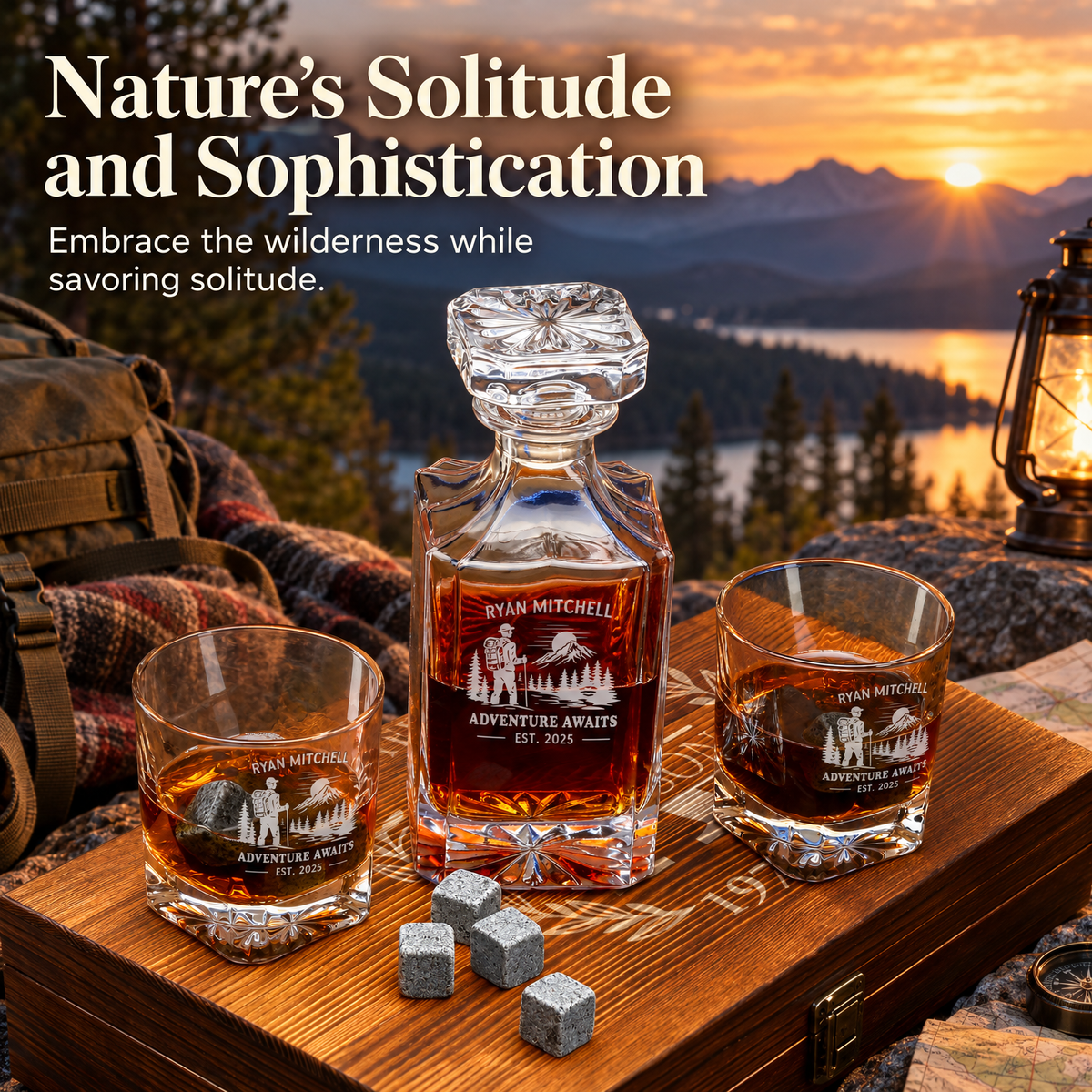 Gift for Outdoorsmen – Square Decanter Set with 2 Glasses, 9 Whiskey Stones & Wooden Box product image