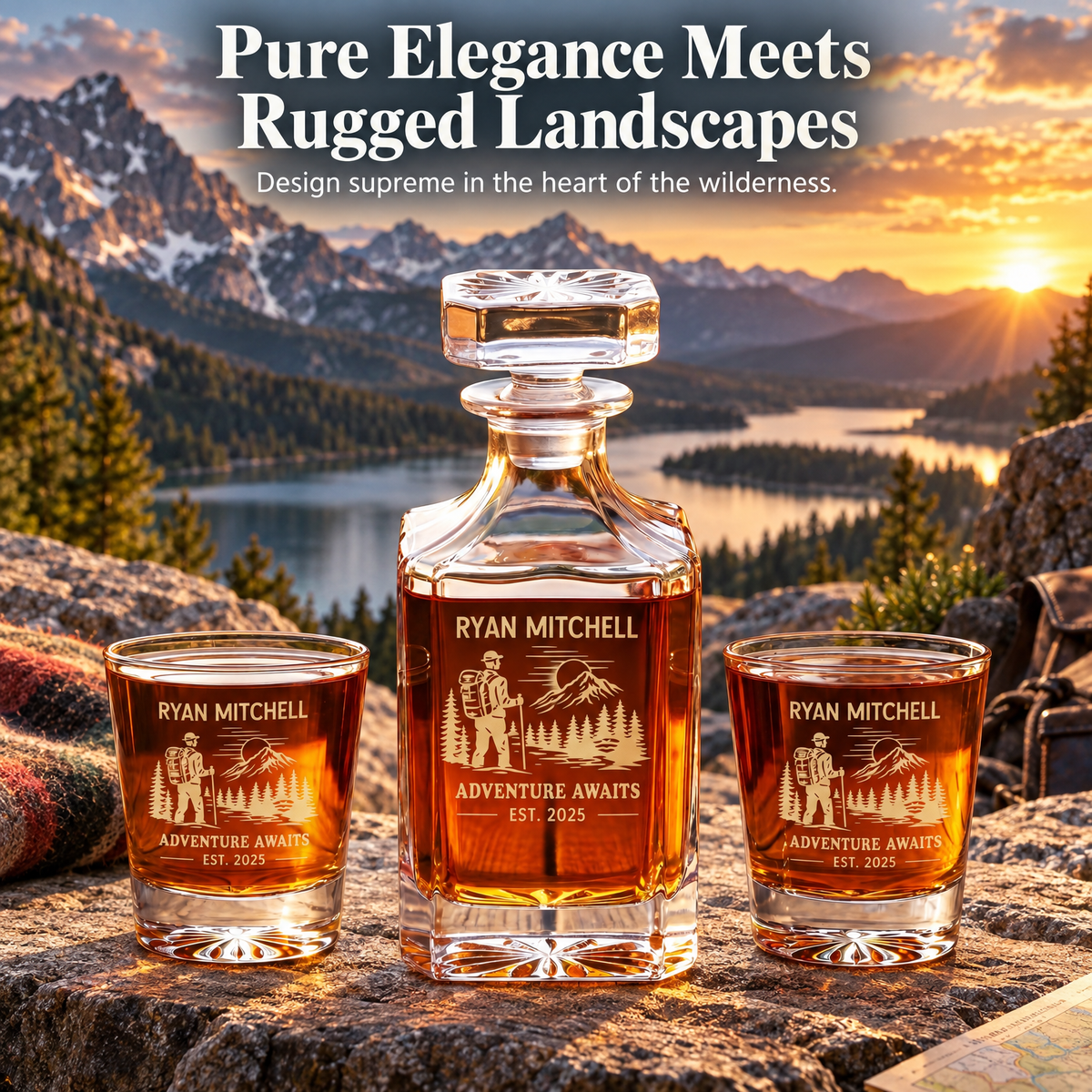 Gift for Outdoorsmen – Square Decanter Set with 2 Glasses, 9 Whiskey Stones & Wooden Box – image 18