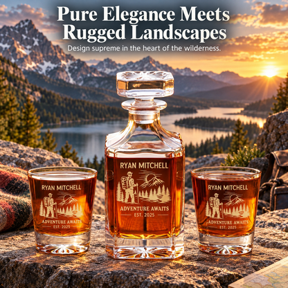 Gift for Outdoorsmen – Square Decanter Set with 2 Glasses, 9 Whiskey Stones & Wooden Box – image 18