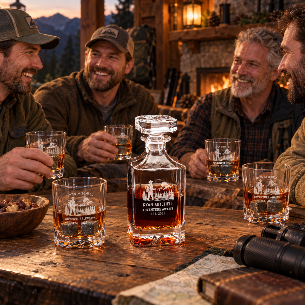 Gift for Outdoorsmen – Square Decanter Set with 2 Glasses, 9 Whiskey Stones & Wooden Box – image 19