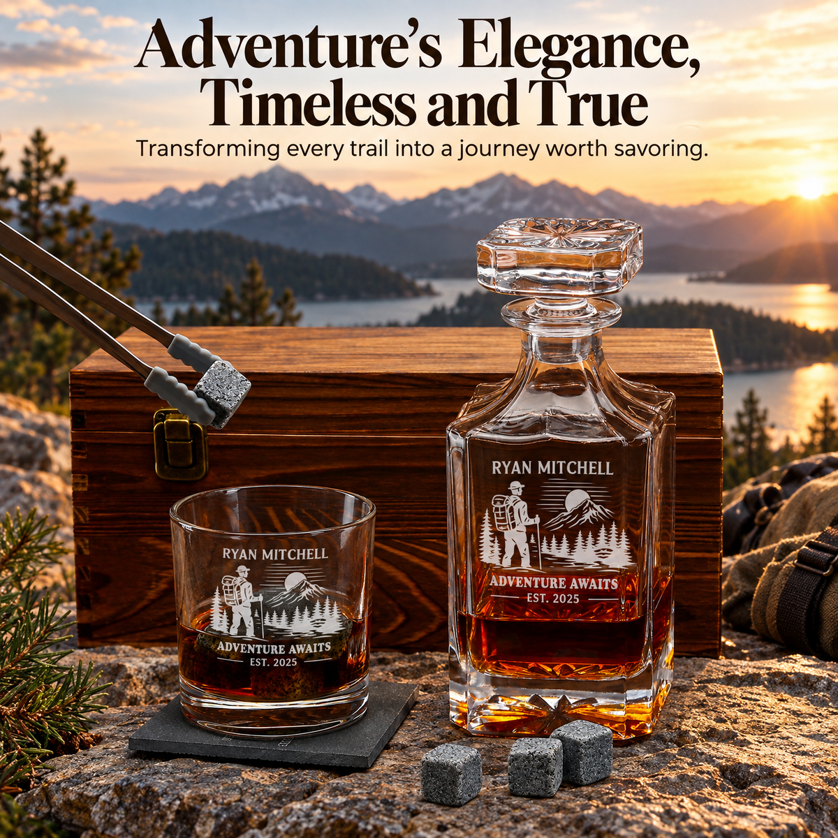 Gift for Outdoorsmen – Square Decanter Set with 2 Glasses, 9 Whiskey Stones & Wooden Box – image 20