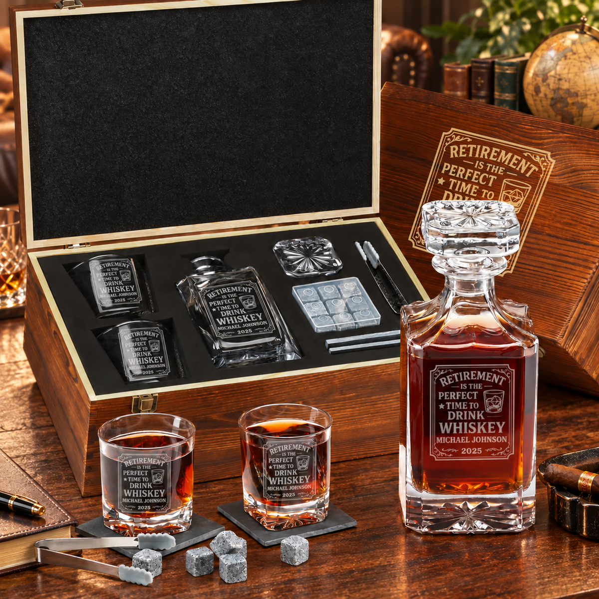 Retirement Gift – Square Decanter Set with 2 Glasses, 9 Whiskey Stones & Wooden Box product image