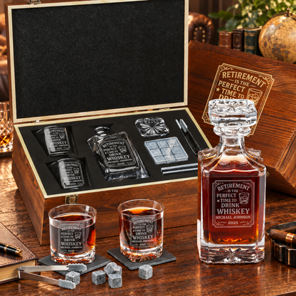 Retirement Gift – Square Decanter Set with 2 Glasses, 9 Whiskey Stones & Wooden Box – image 01
