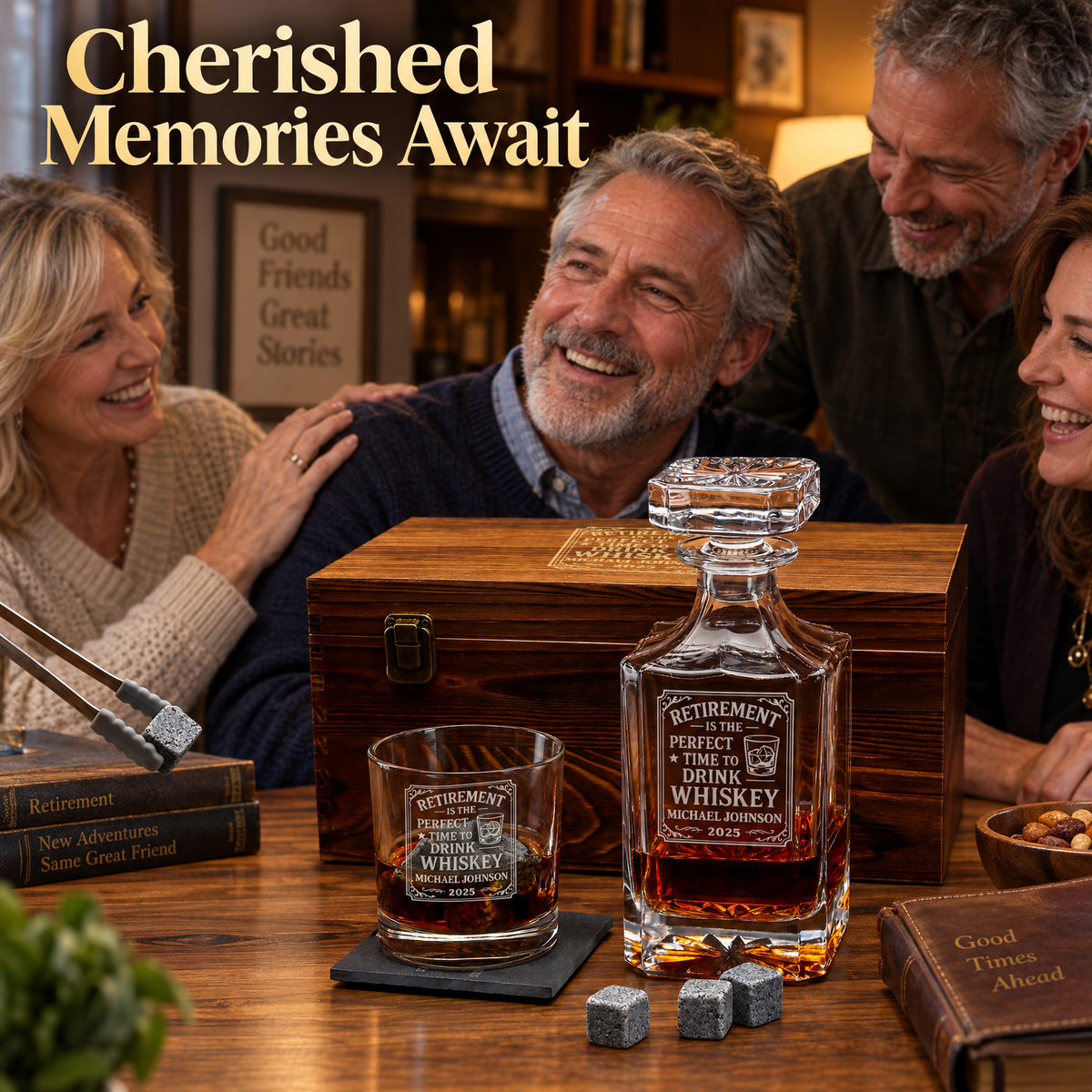 Retirement Gift – Square Decanter Set with 2 Glasses, 9 Whiskey Stones & Wooden Box – image 05