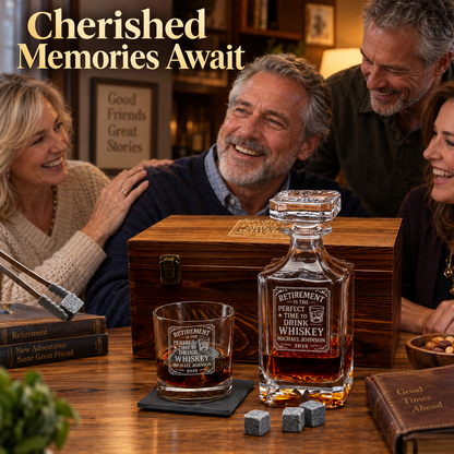 Retirement Gift – Square Decanter Set with 2 Glasses, 9 Whiskey Stones & Wooden Box – image 05