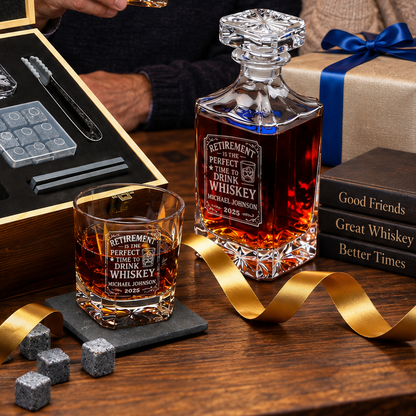 Retirement Gift – Square Decanter Set with 2 Glasses, 9 Whiskey Stones & Wooden Box – image 07