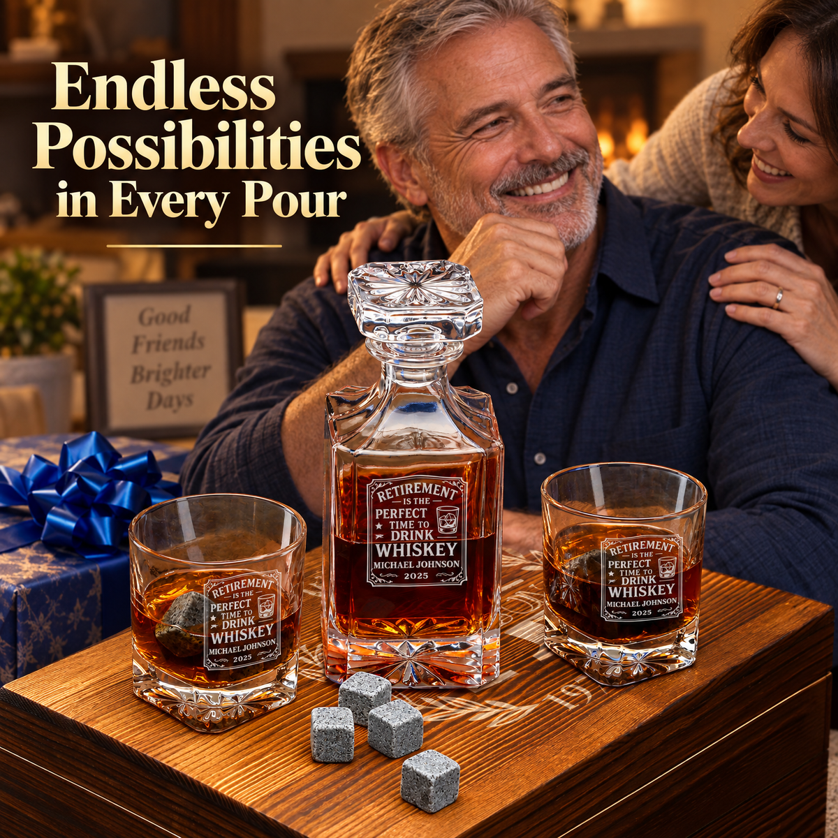 Retirement Gift – Square Decanter Set with 2 Glasses, 9 Whiskey Stones & Wooden Box product image