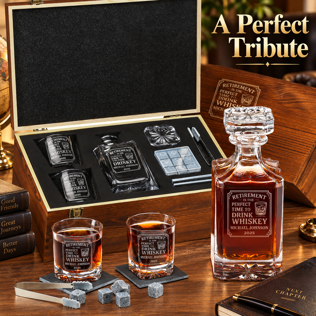 Retirement Gift – Square Decanter Set with 2 Glasses, 9 Whiskey Stones & Wooden Box – image 12