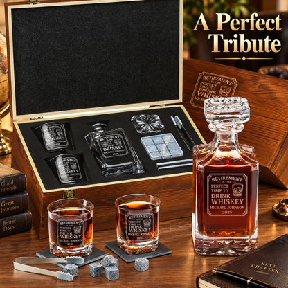 Retirement Gift – Square Decanter Set with 2 Glasses, 9 Whiskey Stones & Wooden Box – image 12