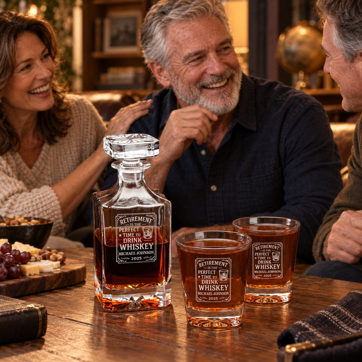 Retirement Gift – Square Decanter Set with 2 Glasses, 9 Whiskey Stones & Wooden Box product image