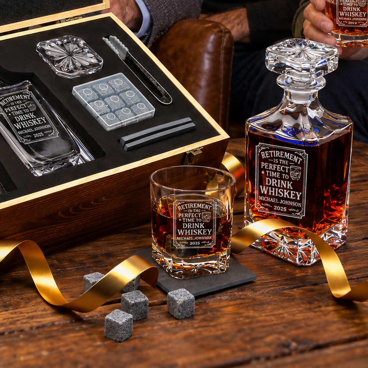 Retirement Gift – Square Decanter Set with 2 Glasses, 9 Whiskey Stones & Wooden Box – image 15