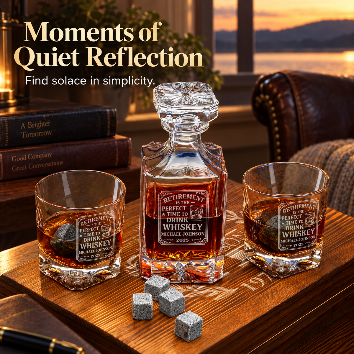 Retirement Gift – Square Decanter Set with 2 Glasses, 9 Whiskey Stones & Wooden Box – image 16
