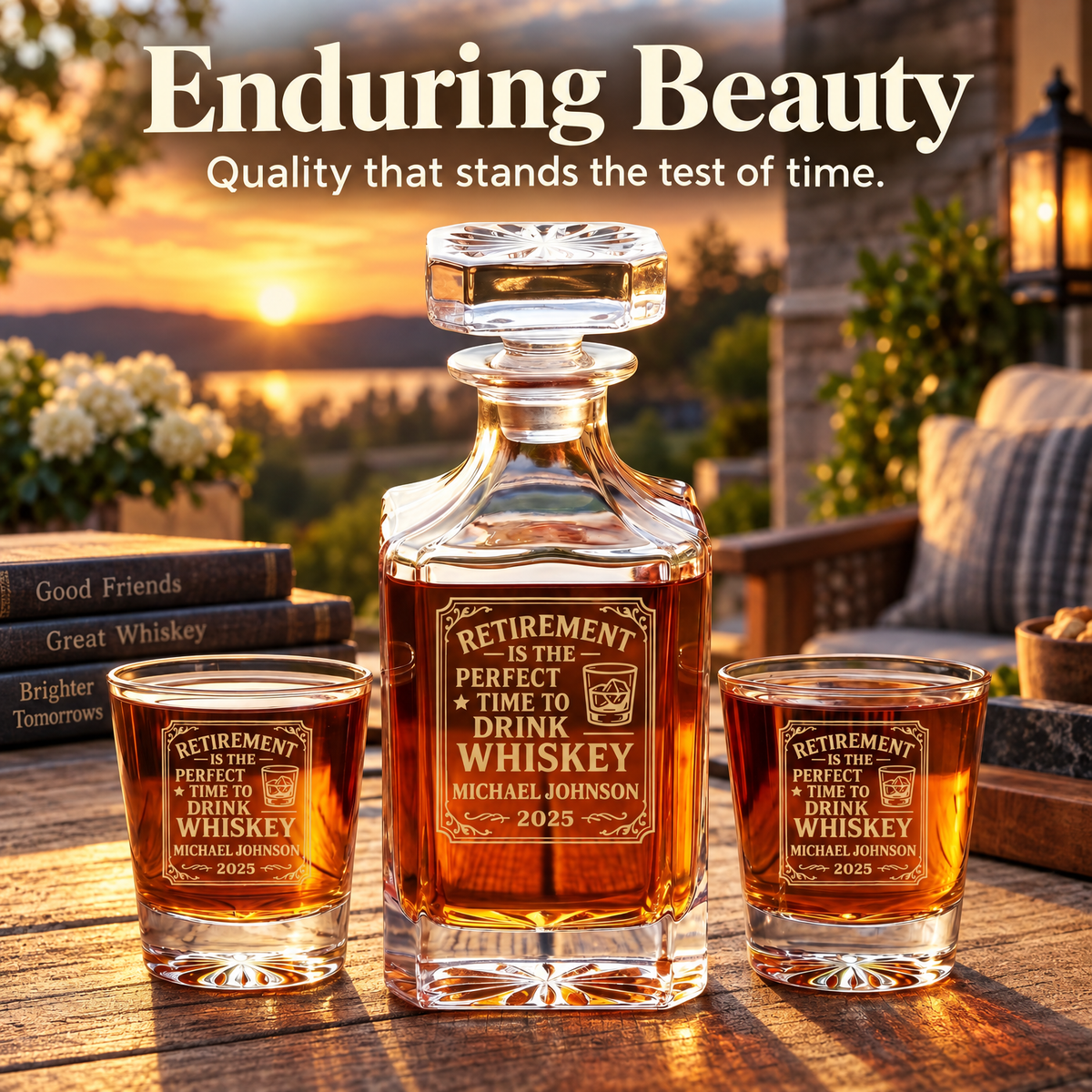 Retirement Gift – Square Decanter Set with 2 Glasses, 9 Whiskey Stones & Wooden Box product image