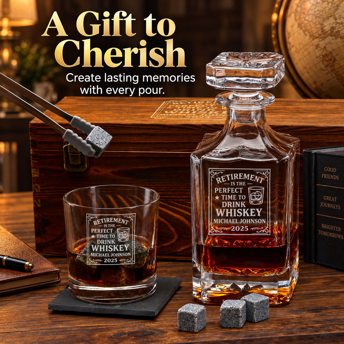 Retirement Gift – Square Decanter Set with 2 Glasses, 9 Whiskey Stones & Wooden Box product image