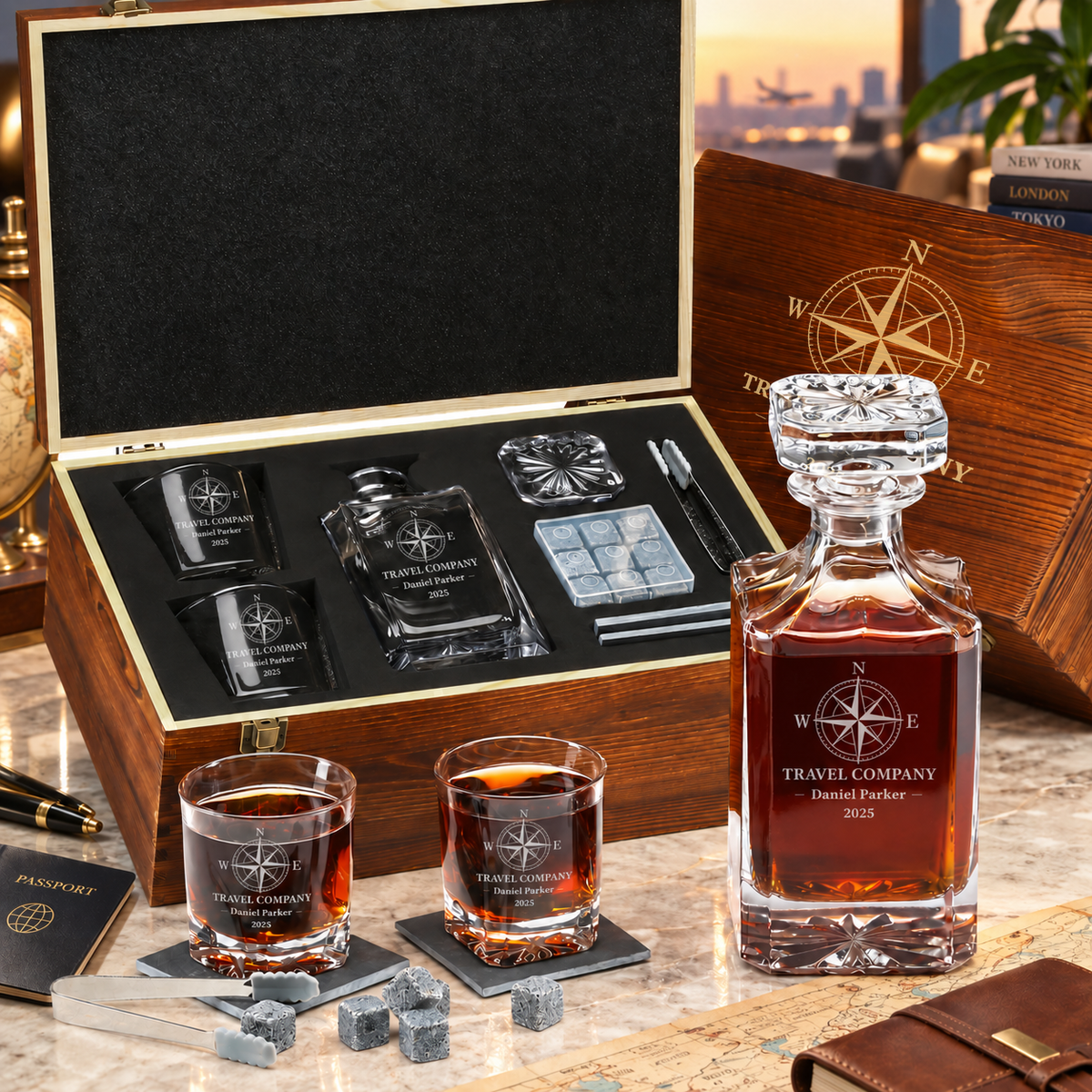 Travel & Hospitality Company Gifts – Square Decanter Set with 2 Glasses, 9 Whiskey Stones & Wooden Box – image 01