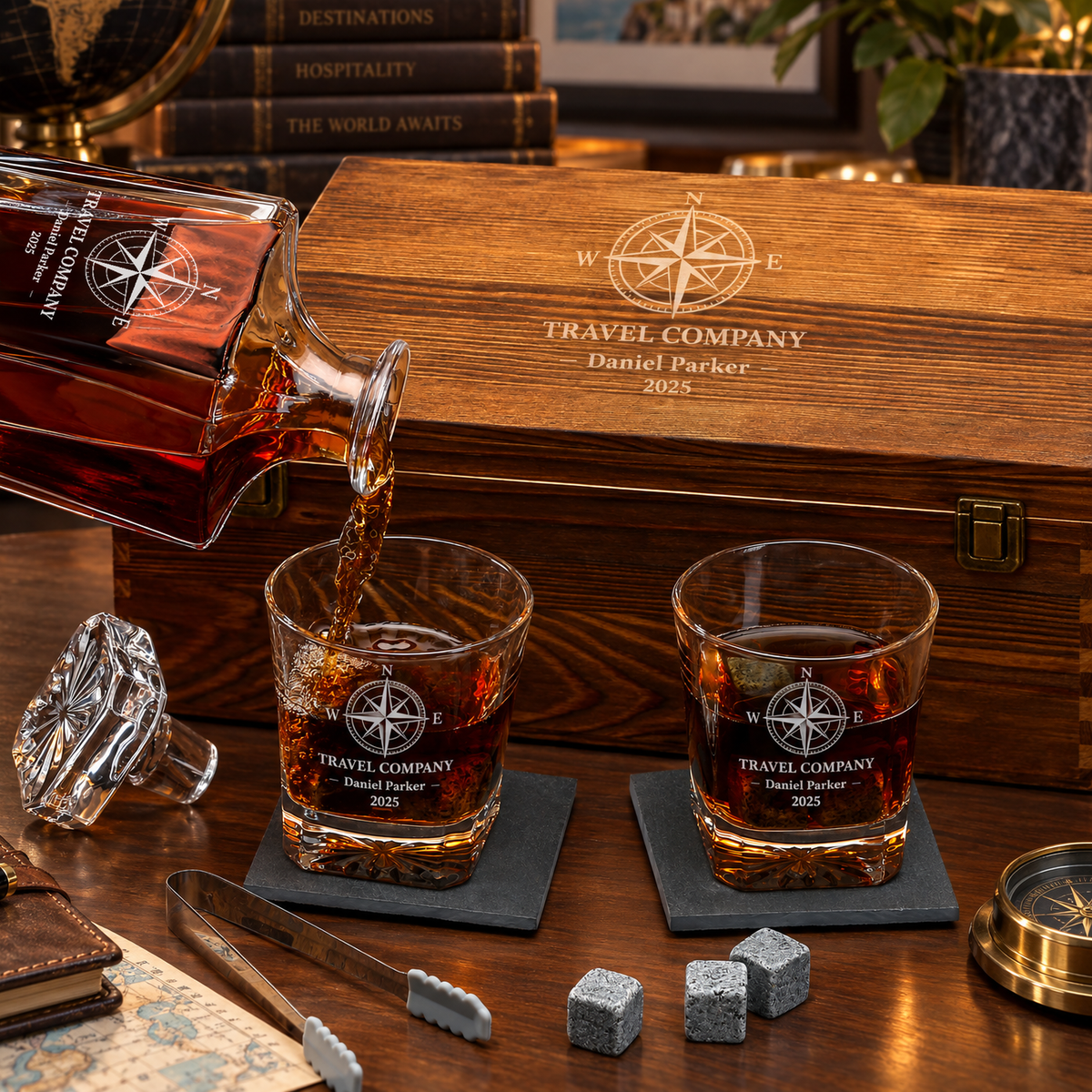 Travel & Hospitality Company Gifts – Square Decanter Set with 2 Glasses, 9 Whiskey Stones & Wooden Box product image